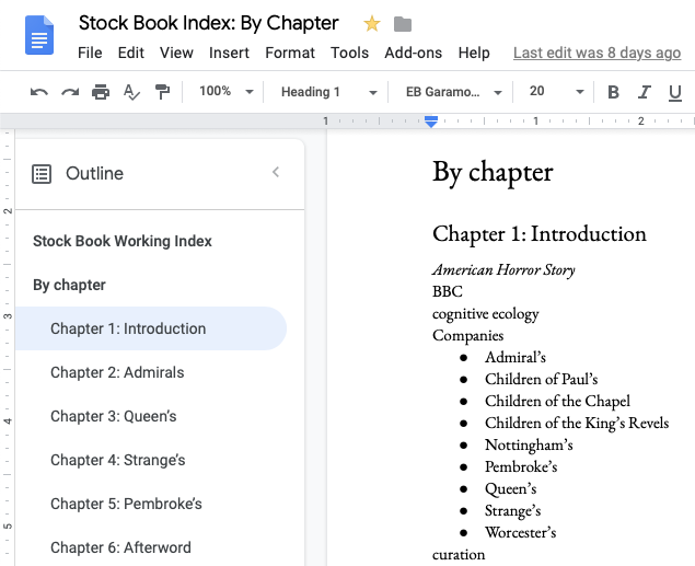 Partial image of the index view from Google Docs, organized by chapter.